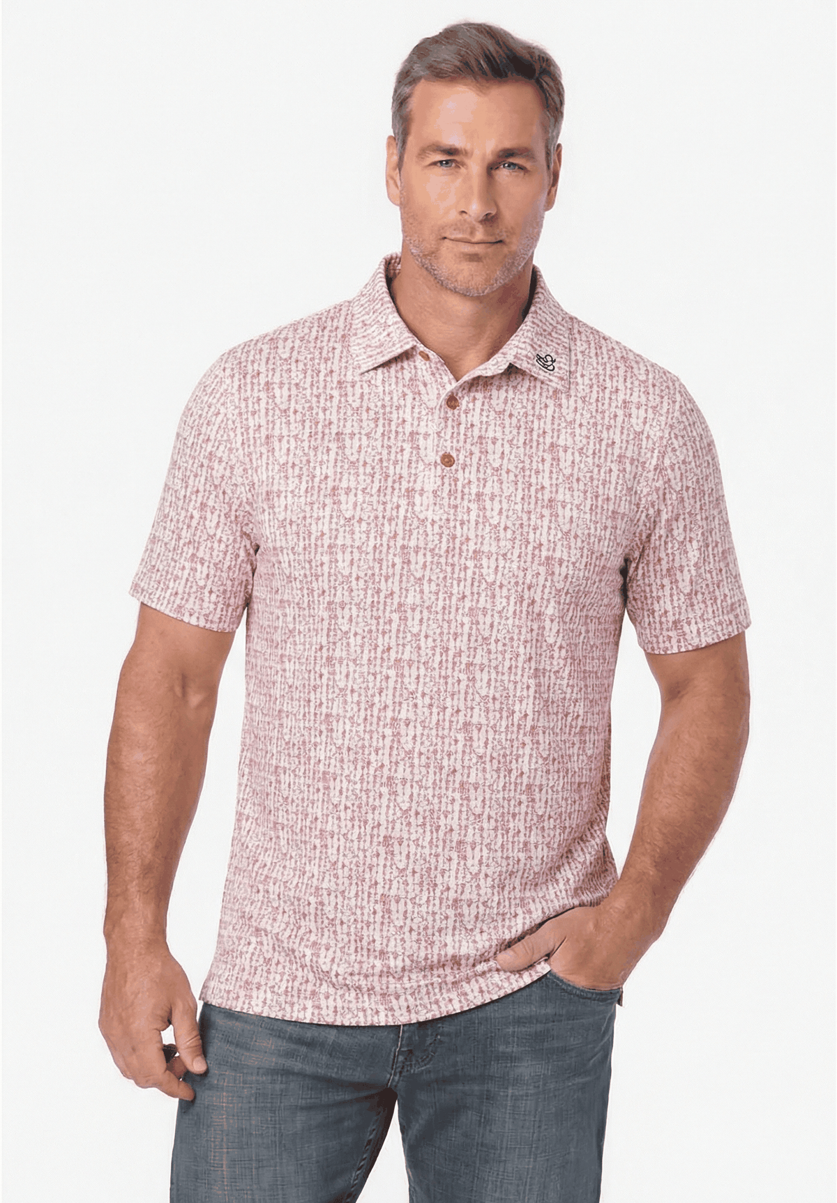 The Girl Dad Tiny Dancer white polo with red micro-print and duck logo for proud dads