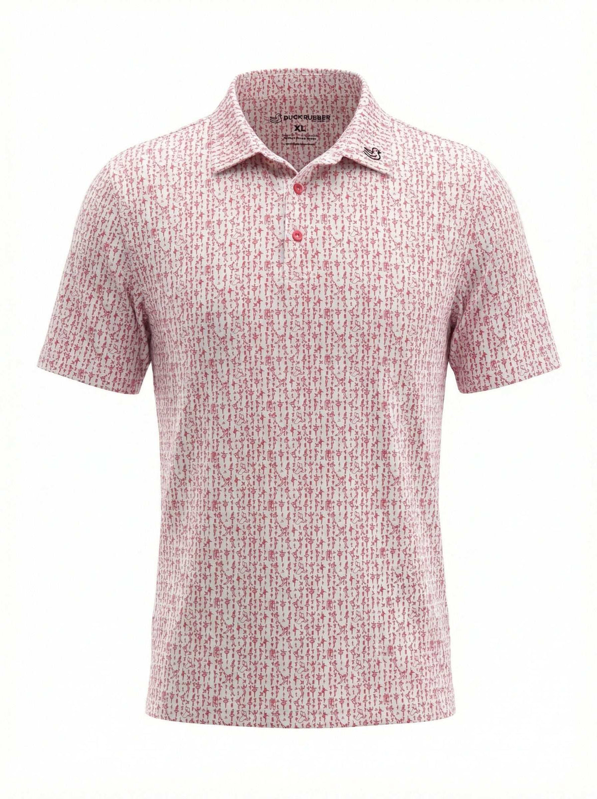 The Girl Dad Tiny Dancer white polo with red micro-print and duck logo for proud dads