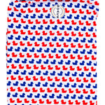 Quack on back of red and blue ducks on duck rubber polo shirt