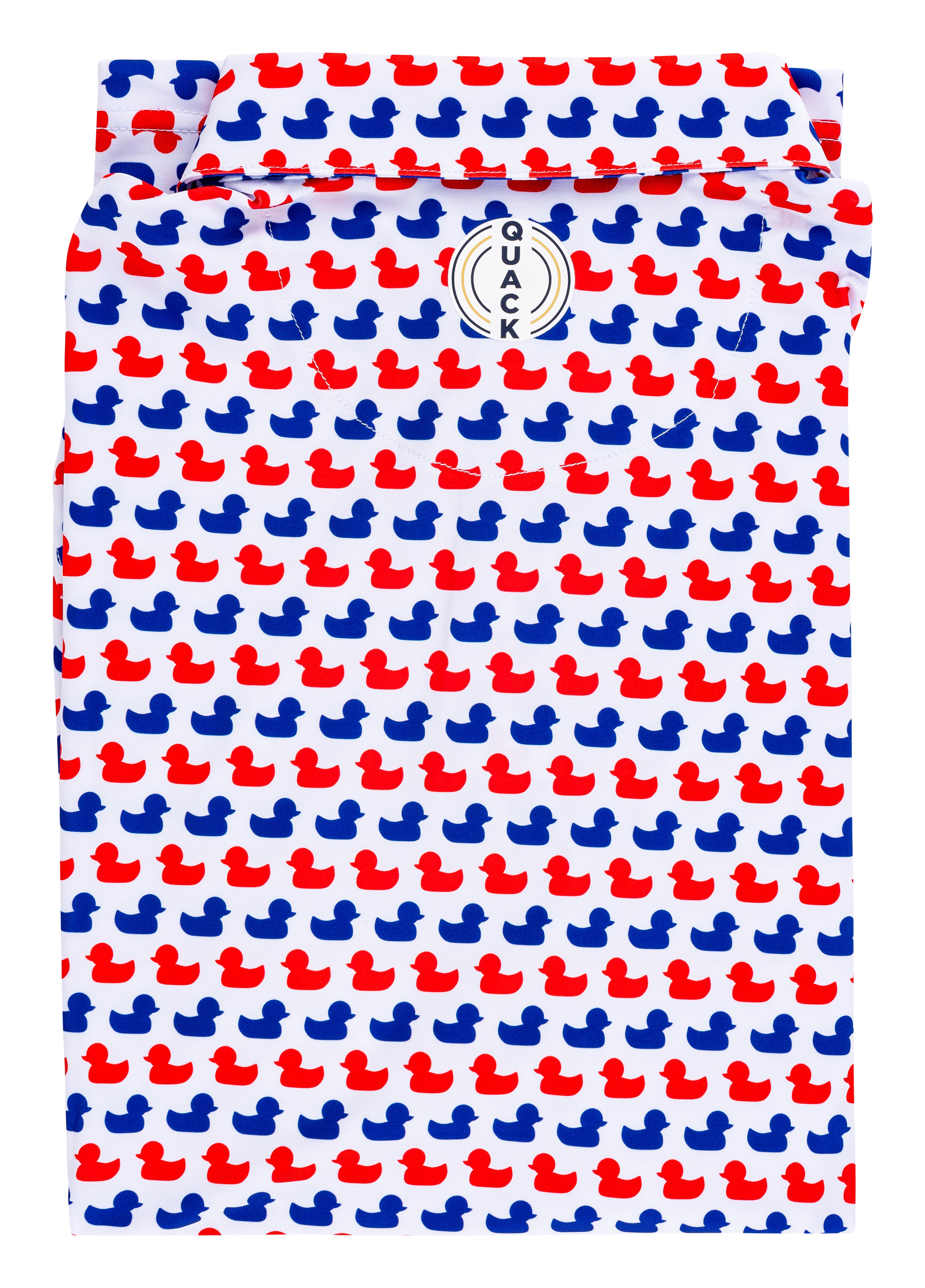 Quack on back of red and blue ducks on duck rubber polo shirt