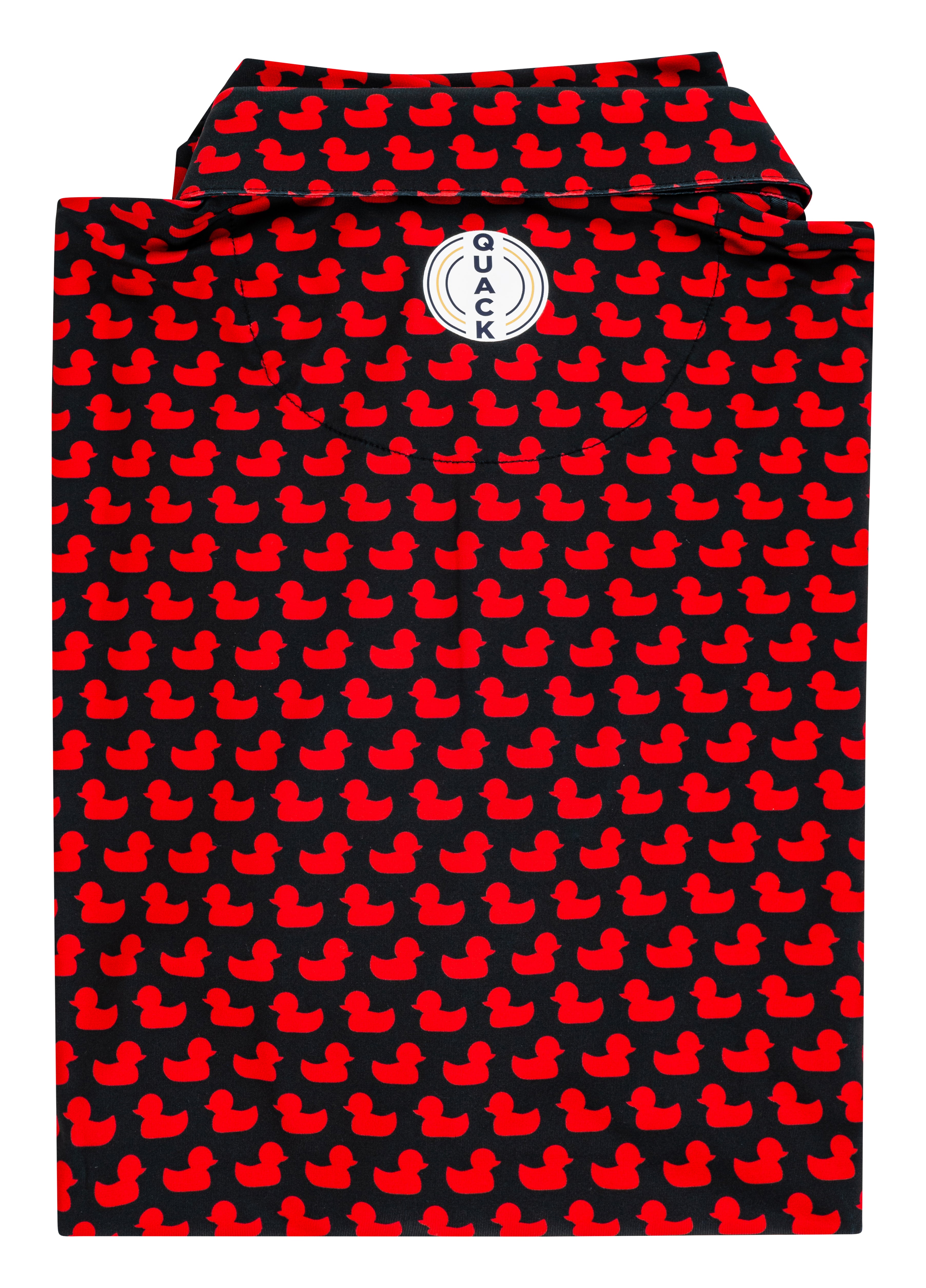 Quack on the back of a Red and Black Duck rubber polo