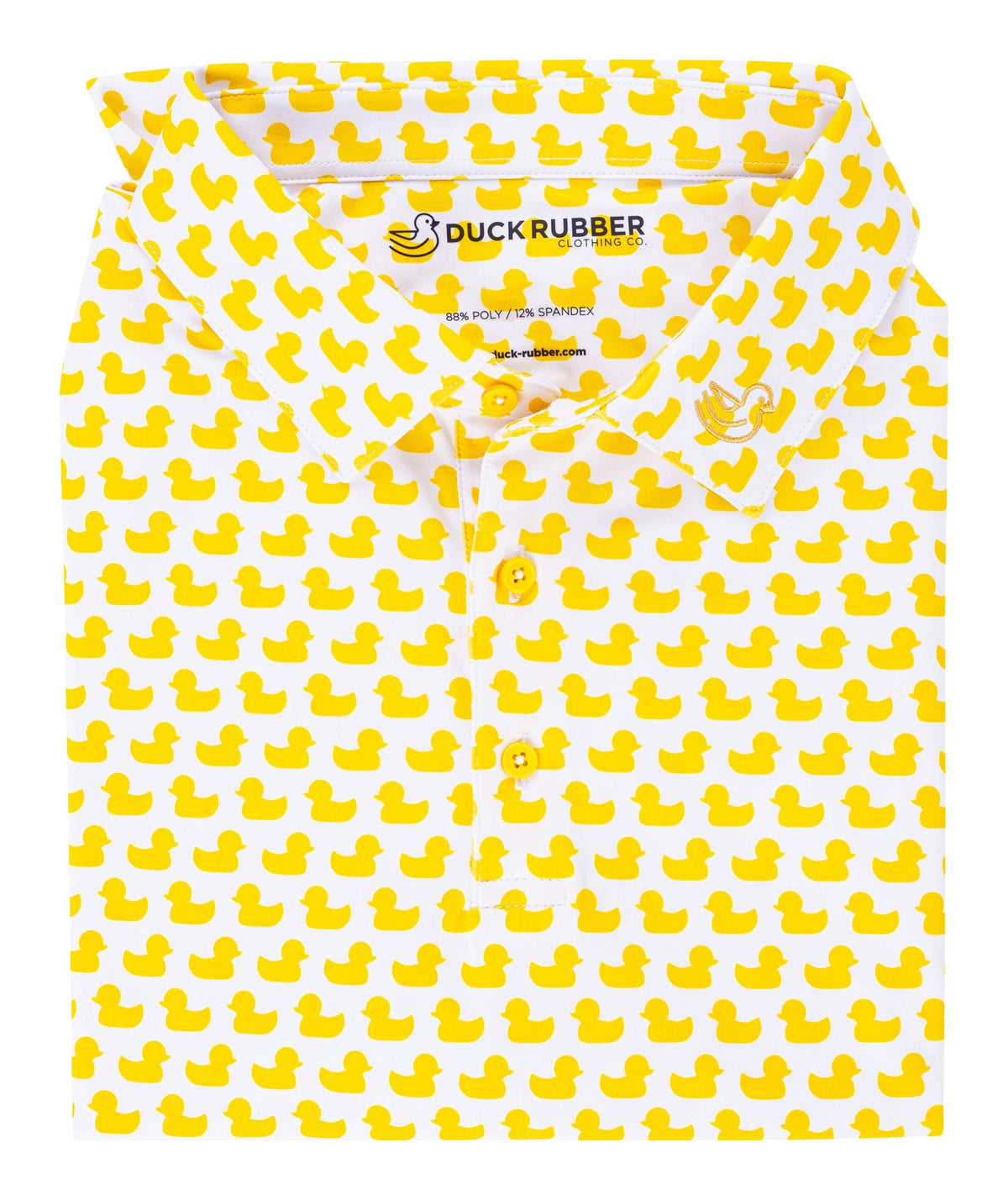 Close-up of polo shirt featuring playful duck design embossed on chest