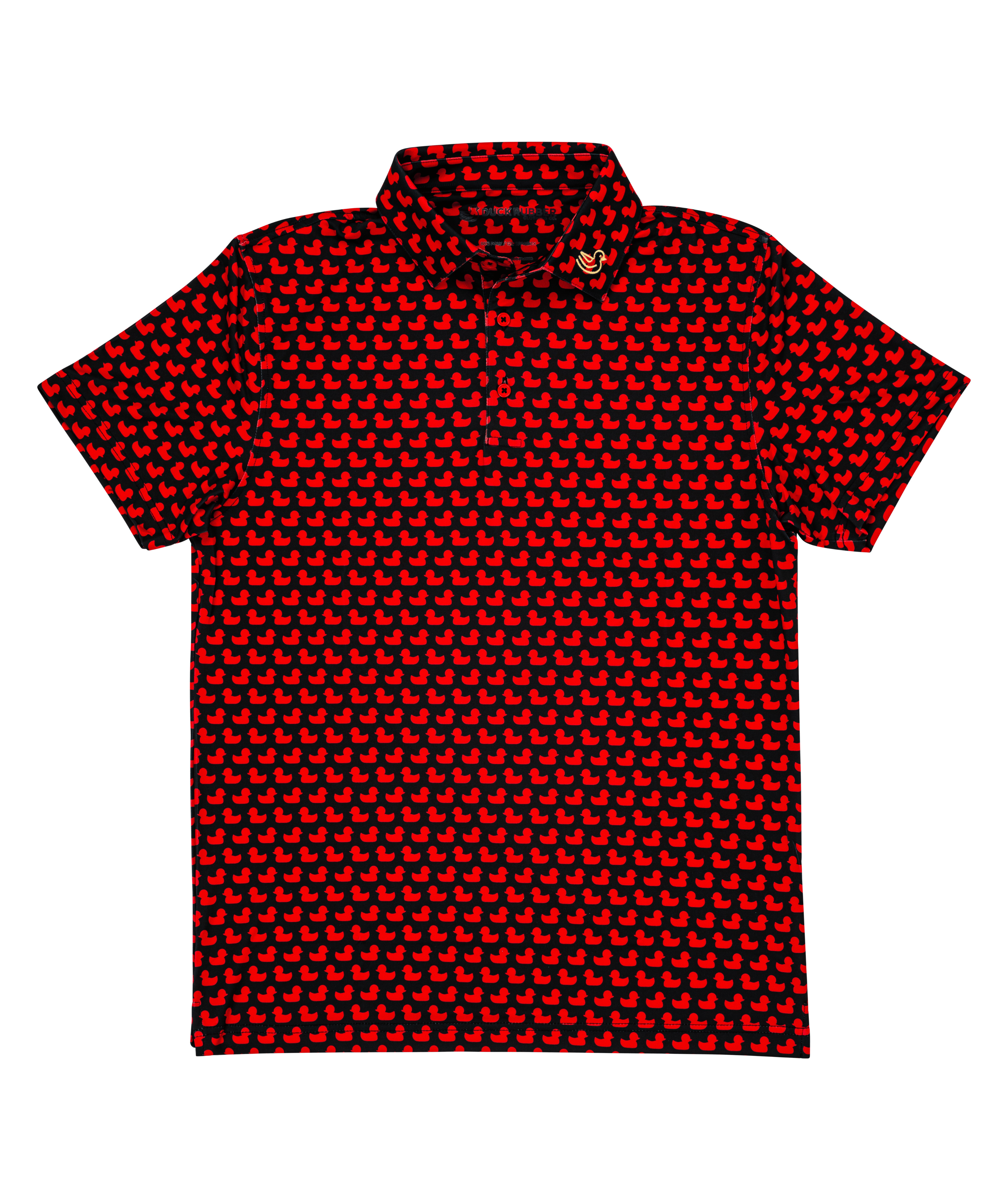 Red Ducks on Black polo shirt from duck rubber