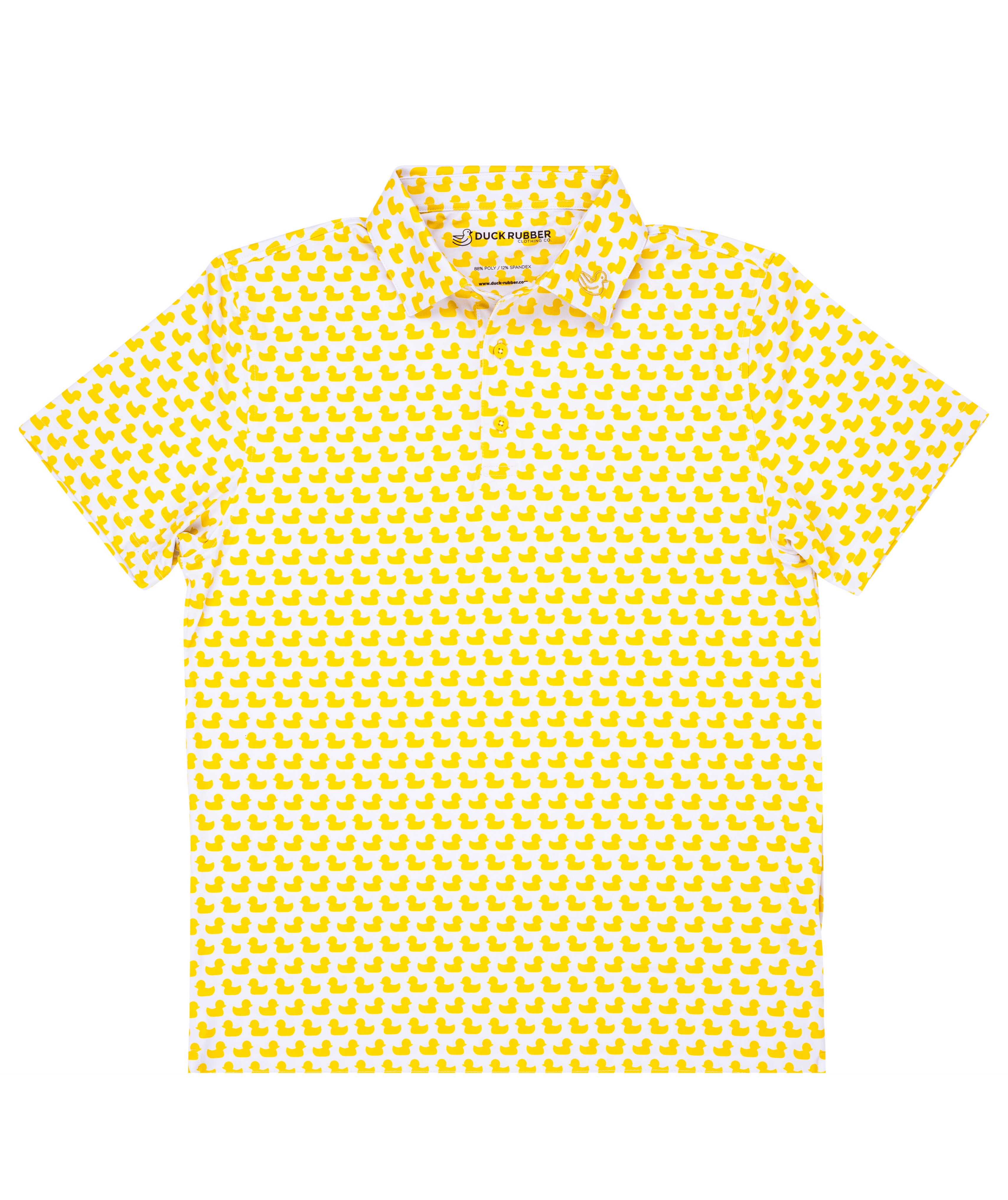 Yellow ducks in a row on a Duck Rubber Polo shirt