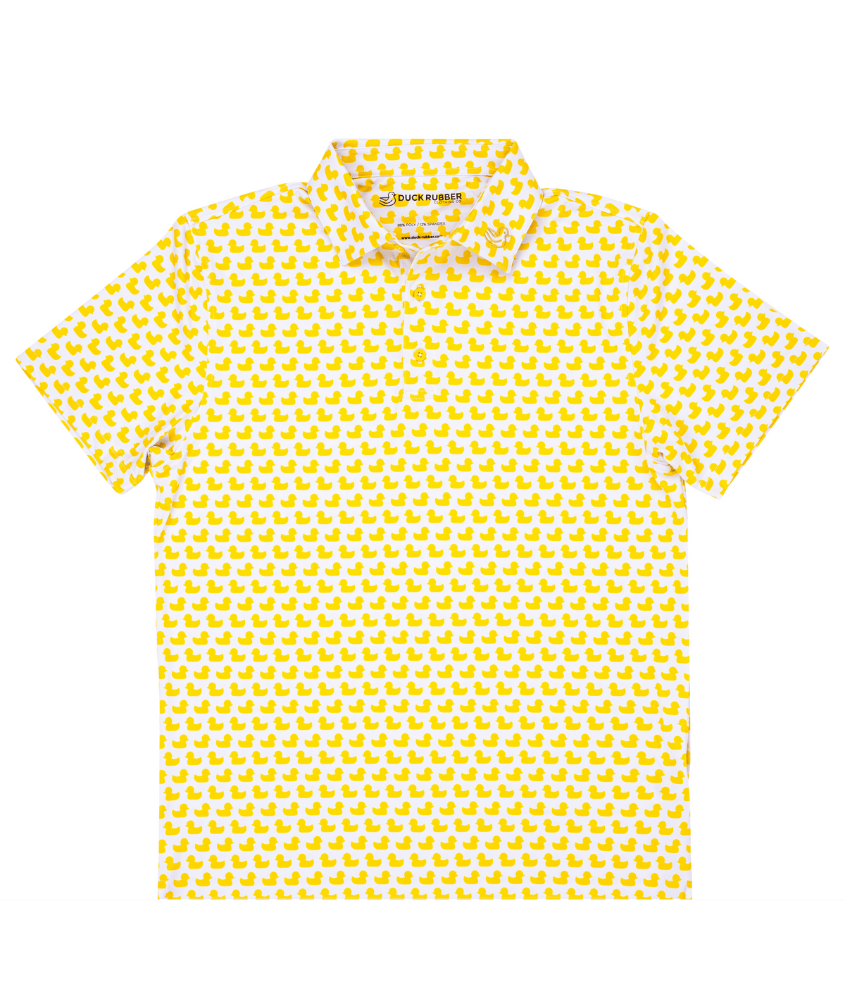 Close-up of a polo shirt featuring a playful duck design, combining professional and whimsical style for comfort and confidence
